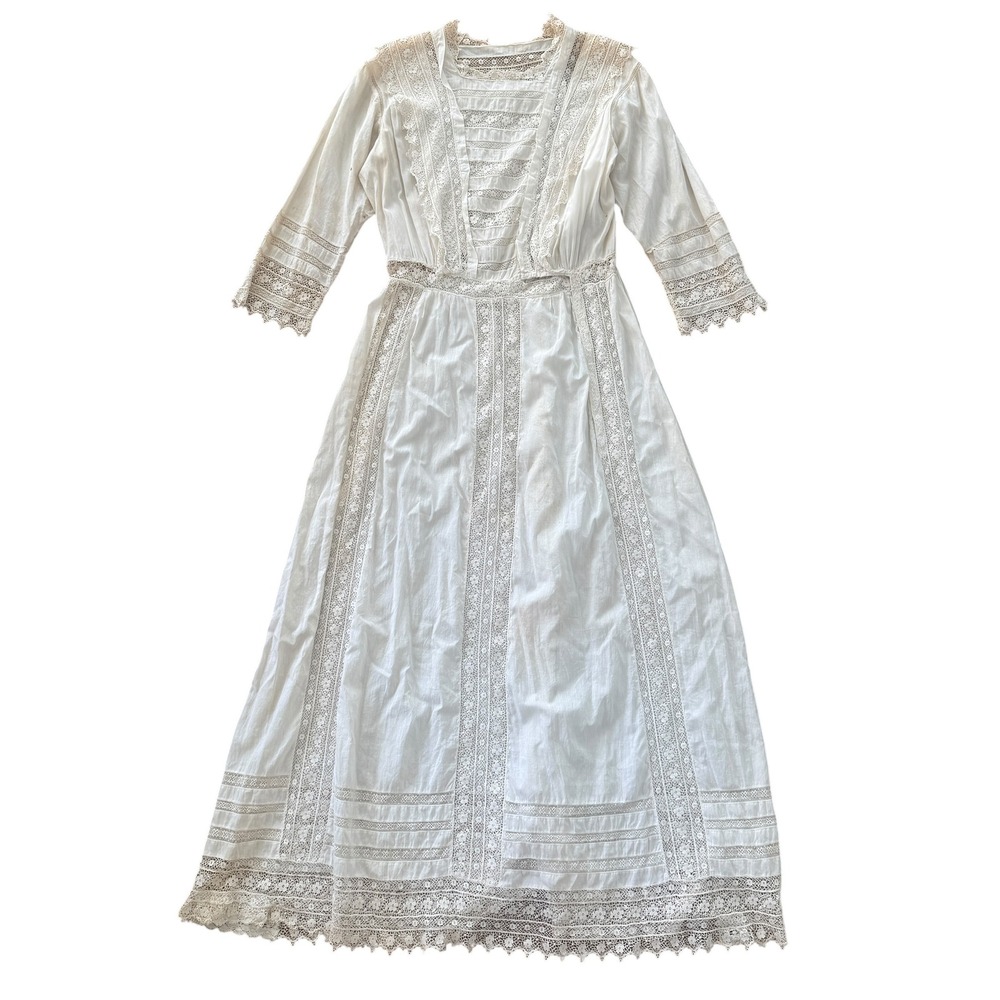 Antique c1910 Edwardian Cotton Lawn Lace Lingerie Tea Gown Dress White S/M